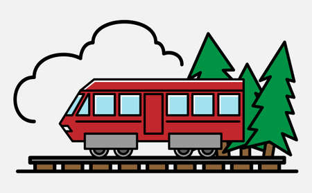Colorful passenger train vector illustration on white background with pines and cloud.のイラスト素材