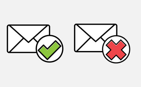 Letter. Envelope with document and round green check mark icon and red check mark icon. Email Delivery Confirmation, successful verification concepts. Vector modern line design illustration iconのイラスト素材
