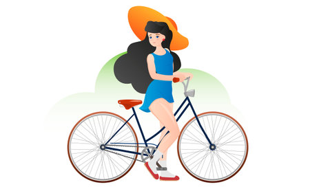 Vector cartoon funny illustration of woman in a hat riding bicycle. Female cartoon character on white background.のイラスト素材