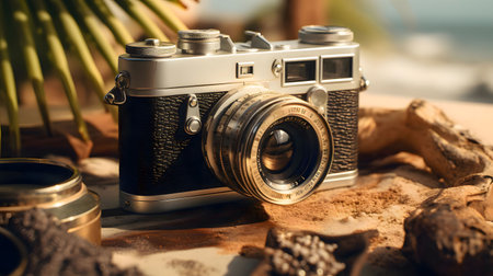 Photo of vintage camera at tropical beachの素材