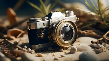 Photo of vintage camera at tropical beachの素材