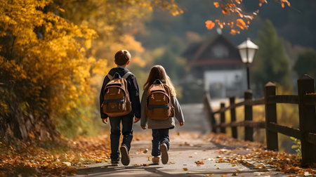 Two pupils of primary school go hand in hand with school bags behind the back. Back to school.の素材