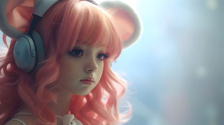 A gamer or a streamer girl at blurry backgroundの素材