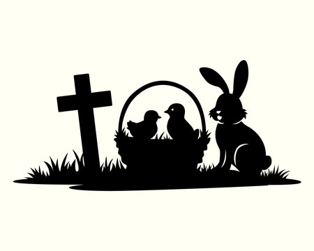 Easter bunny, eggs and chick in basket. Vector illustration.のイラスト素材