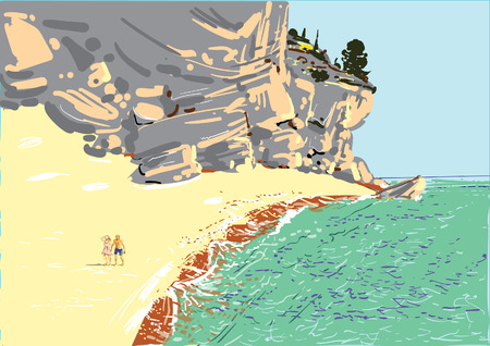 Couple are walking at sandy beachのイラスト素材