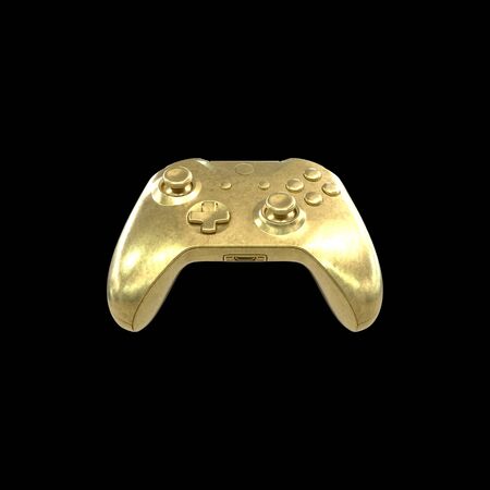 Minimalist render of video game console controller with golden texture. 3d illustration of modern...