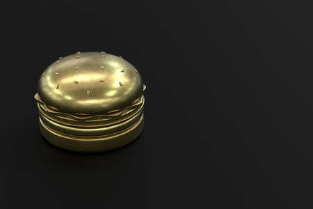 3d illustration of gold burger isolated to the left on black background. Minimalist render of fast food with golden texture. Copyspace.の写真素材
