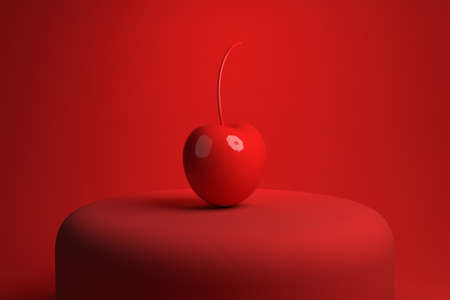 3d illustration of cherry on studio. Minimalist render of sweet fruit on red background.の写真素材