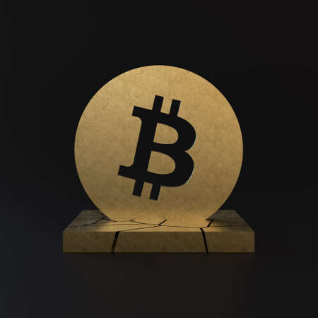3d illustration of gold bitcoin on black background. Minimalist render of cryptocurrency on...