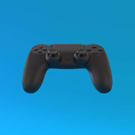 3d illustration of black joystick on blue background. Minimalist render of video game console...