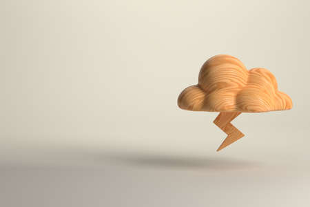 3d render for rainy weather representation. Wooden cloud with lightning in lighted studio. Modern...