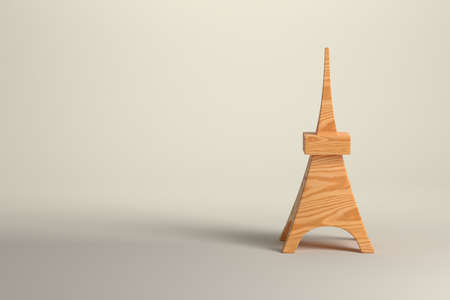 Modern minimalist illustration of the tower of France Europe in white background. 3d wooden toy Eiffel Tower in lighted studio.の写真素材