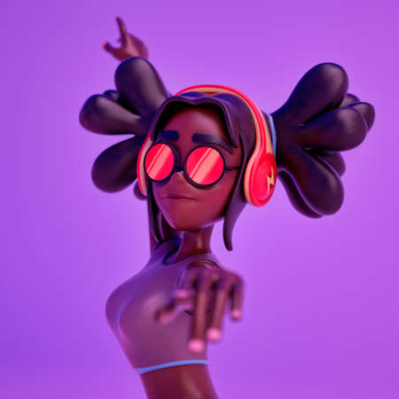 3d illustration of dark skinned girl dancing in purple background. Minimalist render of 3d character...