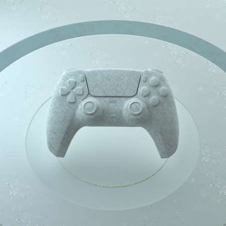 3d illustration of modern joystick white with lines texture on gray background. Minimalist render of...