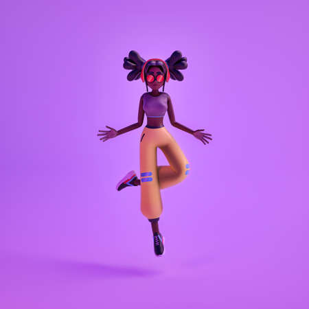 3d illustration of dark skinned levitating girl in purple background. Minimalist render of black...