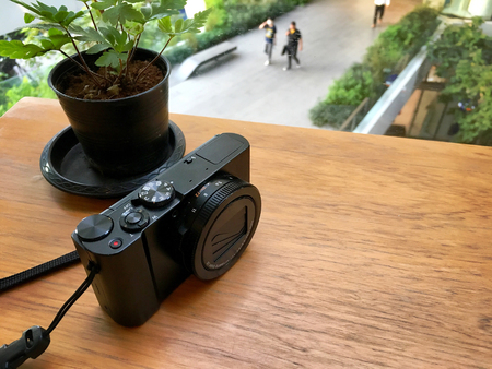 The photo of Black body compact camera place on wood table near the treepotの写真素材