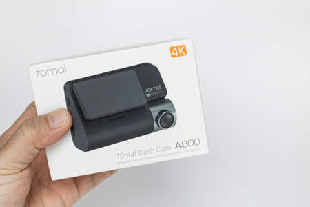 Pranburi Thailand-December 1,2021 :Xiaomi 70mai Dash cam 4k A800 box on hand white background which...