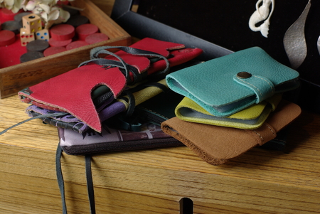Wallets on wooden table