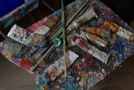 Painting palette with paint tubes and brusherのeditorial素材