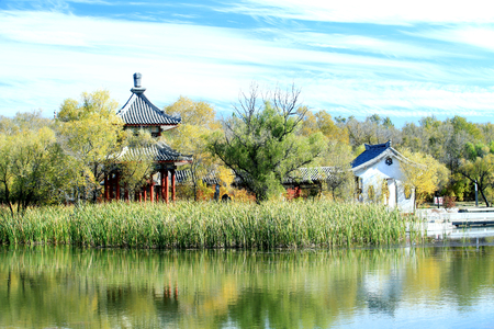 Ancient architectural pavilion in viewの写真素材