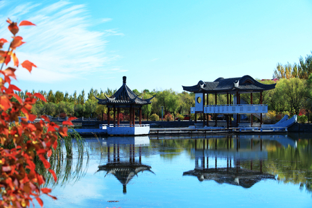 Ancient architectural pavilion in viewの写真素材