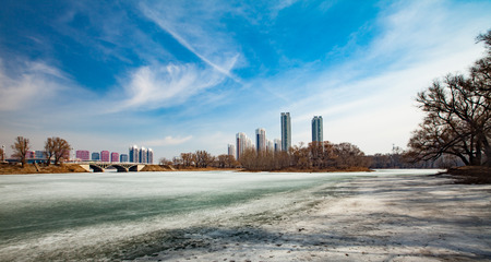 Landscape view with building during winter
