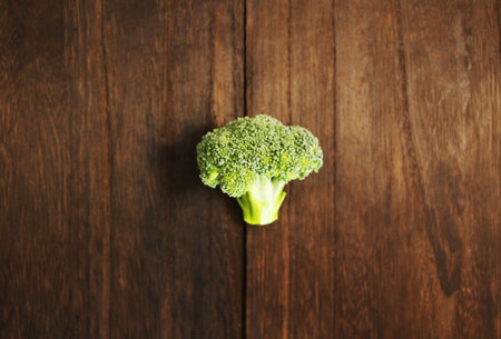 One broccoli on a wooden tableの写真素材