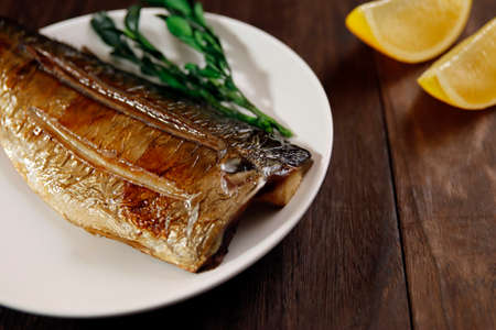 Grilled fish dish mackerel on the tableの写真素材