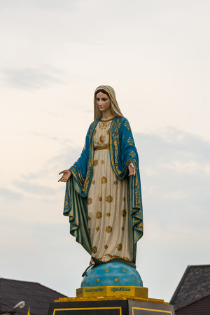 Saint Mary or the Blessed Virgin Mary, the mother of Jesus, in front of the Roman Catholic Diocese or Cathedral of the Immaculate Conception, Chanthaburi, Thailand.の写真素材