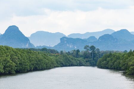 Landscape of green field beside riverside with mountains behind.の写真素材