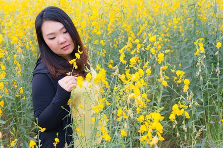 Portrait of beautiful fat woman touching and smelling sunn hemp happily in the flower gardenの写真素材