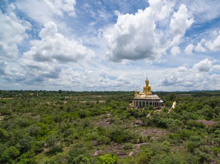 Public temple taken by drone on the blue sky located in Ubon Ratchathani province, Thailandの写真素材
