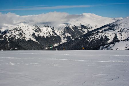 Cable car in the winter mountainの写真素材