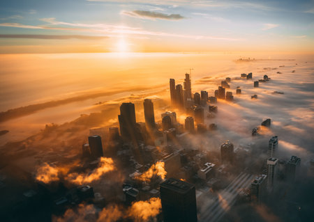 Aerial view of Chicago downtown at sunrise, Illinois, USA.の写真素材