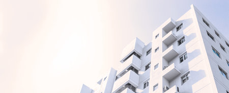 Modern apartment buildings on a sunny day with a blue sky. Facade of a modern apartment buildingの写真素材