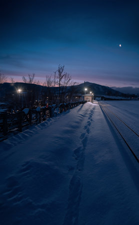 Snowy winter landscape with a train station in the background and the moon
