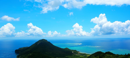 Panoramic view of the sea, islands and sky in Okinawaの写真素材