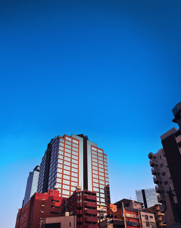 cityscape with skyscrapers and blue sky background, Tokyo, Japanの写真素材
