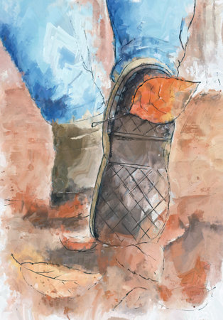 Hand-drawn illustration of an old iron trash can in a village.の写真素材