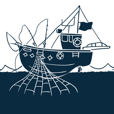 Boat fishing in the sea, lake, vector illustrationのイラスト素材
