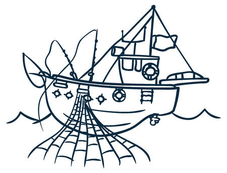 Boat fishing in the sea, lake, vector illustrationのイラスト素材