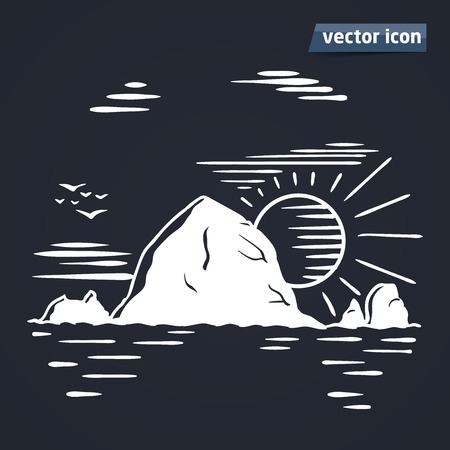 rock in the sea with sun vintage vectorのイラスト素材