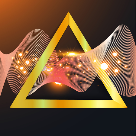 Abstract gold wave in triangle with shine sparkles isolated on dark backgroundのイラスト素材