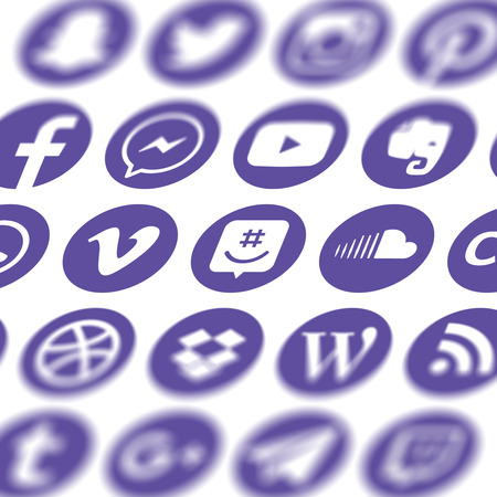 Luhansk, Ukraine - October 12, 2017: Collection of popular social media icons printed on paperのeditorial素材