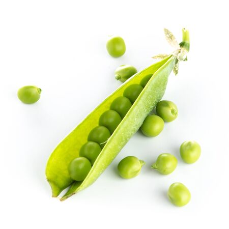 stalk of green peas on a white backgroundの写真素材