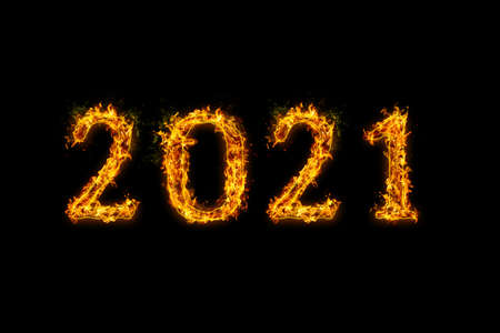 2021 Fire flames on black isolated background, realistick fire effect with sparks.の写真素材