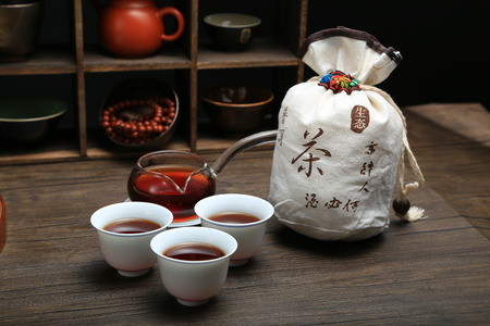 Chinese tea set close up view on wooden backgroundのeditorial素材