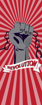 Revolution protest graphic with a powerful raised fist breaking chains on a radiating red and pink striped background.のイラスト素材