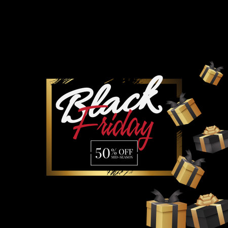Sophisticated Black Friday sale promotional banner with  Scattered white circles add a playful, whimsical touch to the professional design.のイラスト素材