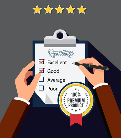 Vector illustration of a man's hands holding a clipboard with a checklist and a five star rating.のイラスト素材
